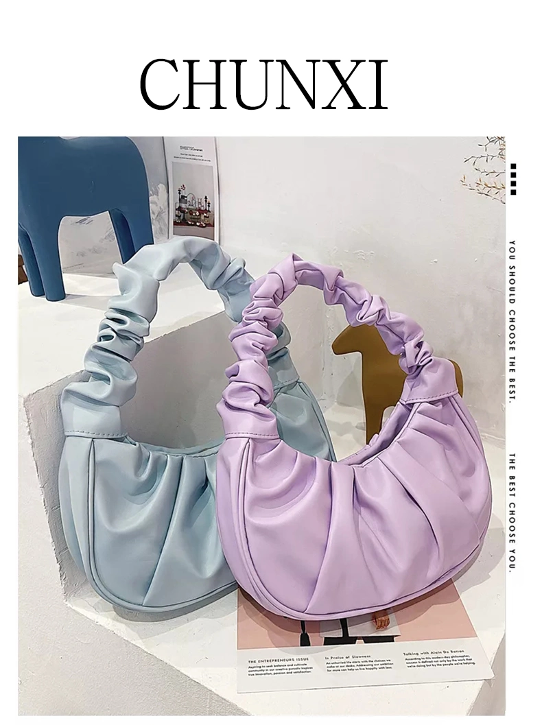 Retro Women Pleated Cloud Bag Designer PU Leather Wrinkled Handle Armpit Bag Solid Tote Ruched Wild Female Purse Handbags Portable Flower Handle Bag